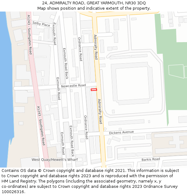 24, ADMIRALTY ROAD, GREAT YARMOUTH, NR30 3DQ: Location map and indicative extent of plot