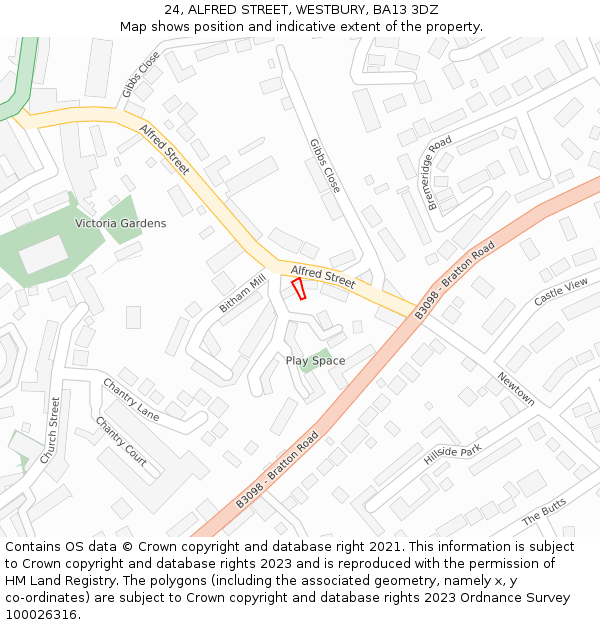 24, ALFRED STREET, WESTBURY, BA13 3DZ: Location map and indicative extent of plot