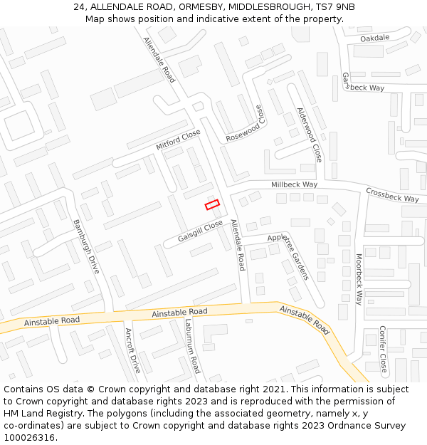 24, ALLENDALE ROAD, ORMESBY, MIDDLESBROUGH, TS7 9NB: Location map and indicative extent of plot