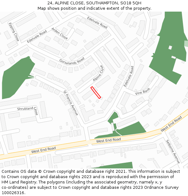 24, ALPINE CLOSE, SOUTHAMPTON, SO18 5QH: Location map and indicative extent of plot