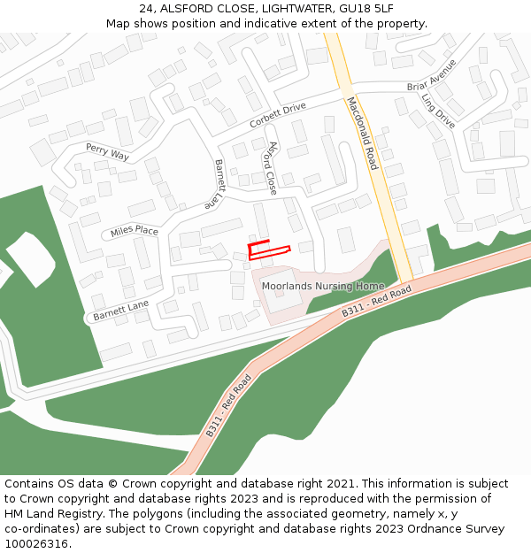 24, ALSFORD CLOSE, LIGHTWATER, GU18 5LF: Location map and indicative extent of plot