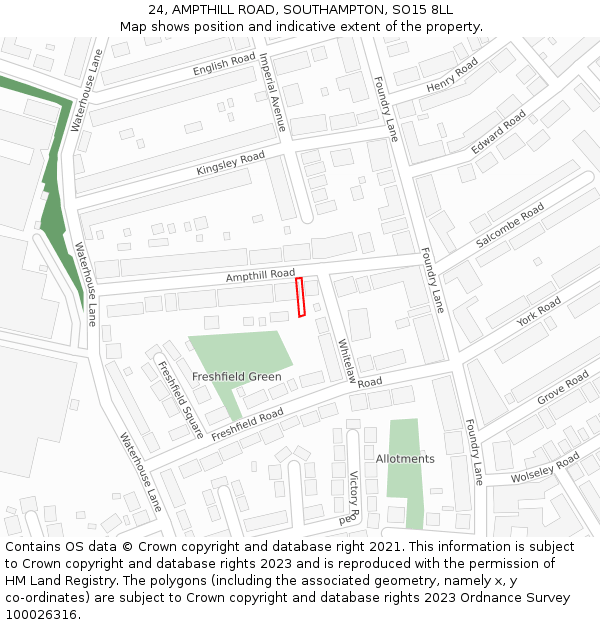 24, AMPTHILL ROAD, SOUTHAMPTON, SO15 8LL: Location map and indicative extent of plot