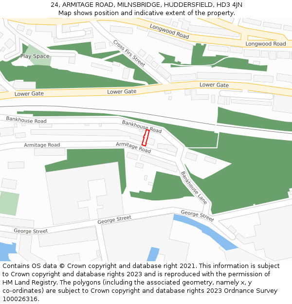 24, ARMITAGE ROAD, MILNSBRIDGE, HUDDERSFIELD, HD3 4JN: Location map and indicative extent of plot