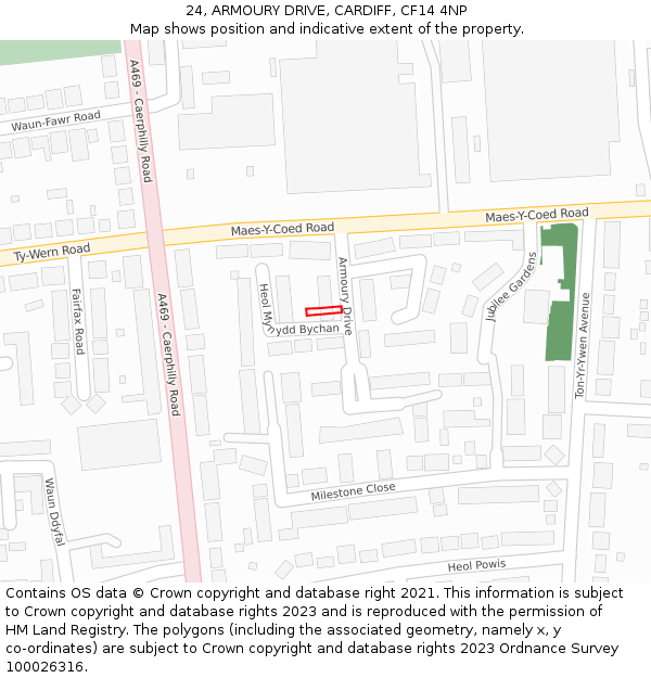24, ARMOURY DRIVE, CARDIFF, CF14 4NP: Location map and indicative extent of plot