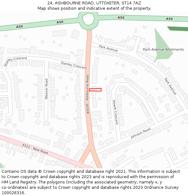24, ASHBOURNE ROAD, UTTOXETER, ST14 7AZ: Location map and indicative extent of plot