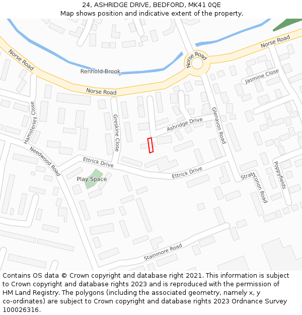 24, ASHRIDGE DRIVE, BEDFORD, MK41 0QE: Location map and indicative extent of plot
