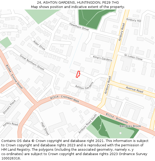 24, ASHTON GARDENS, HUNTINGDON, PE29 7HG: Location map and indicative extent of plot