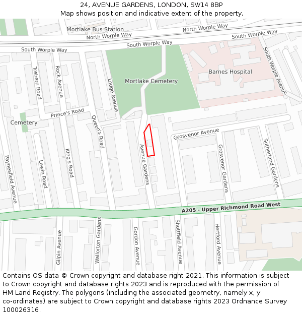 24, AVENUE GARDENS, LONDON, SW14 8BP: Location map and indicative extent of plot