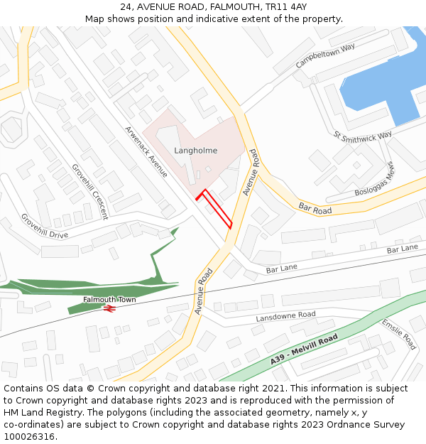 24, AVENUE ROAD, FALMOUTH, TR11 4AY: Location map and indicative extent of plot