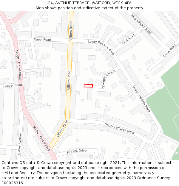 24, AVENUE TERRACE, WATFORD, WD19 4FA: Location map and indicative extent of plot