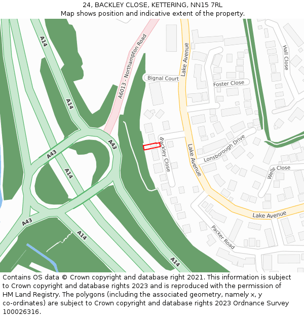 24, BACKLEY CLOSE, KETTERING, NN15 7RL: Location map and indicative extent of plot