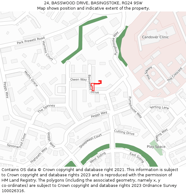 24, BASSWOOD DRIVE, BASINGSTOKE, RG24 9SW: Location map and indicative extent of plot