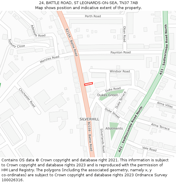 24, BATTLE ROAD, ST LEONARDS-ON-SEA, TN37 7AB: Location map and indicative extent of plot