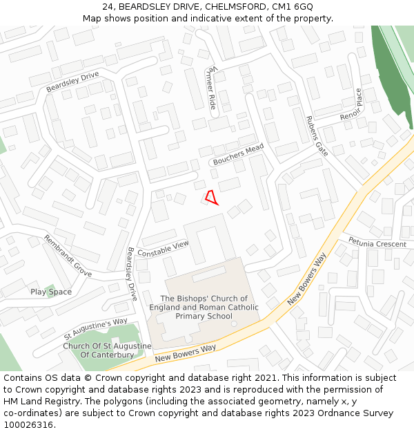 24, BEARDSLEY DRIVE, CHELMSFORD, CM1 6GQ: Location map and indicative extent of plot