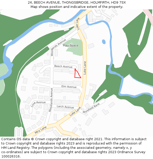 24, BEECH AVENUE, THONGSBRIDGE, HOLMFIRTH, HD9 7SX: Location map and indicative extent of plot