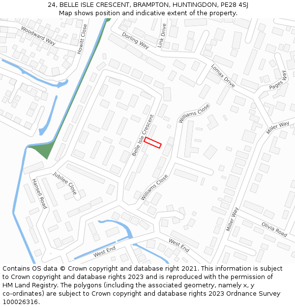 24, BELLE ISLE CRESCENT, BRAMPTON, HUNTINGDON, PE28 4SJ: Location map and indicative extent of plot