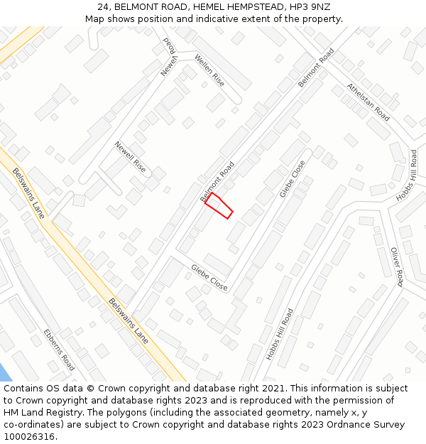 24, BELMONT ROAD, HEMEL HEMPSTEAD, HP3 9NZ: Location map and indicative extent of plot