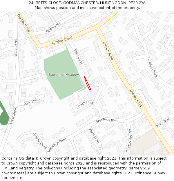 24, BETTS CLOSE, GODMANCHESTER, HUNTINGDON, PE29 2YA: Location map and indicative extent of plot