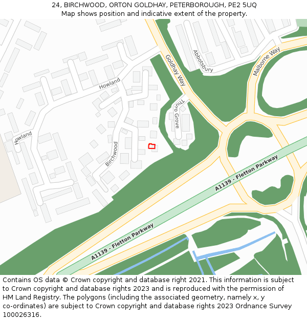 24, BIRCHWOOD, ORTON GOLDHAY, PETERBOROUGH, PE2 5UQ: Location map and indicative extent of plot
