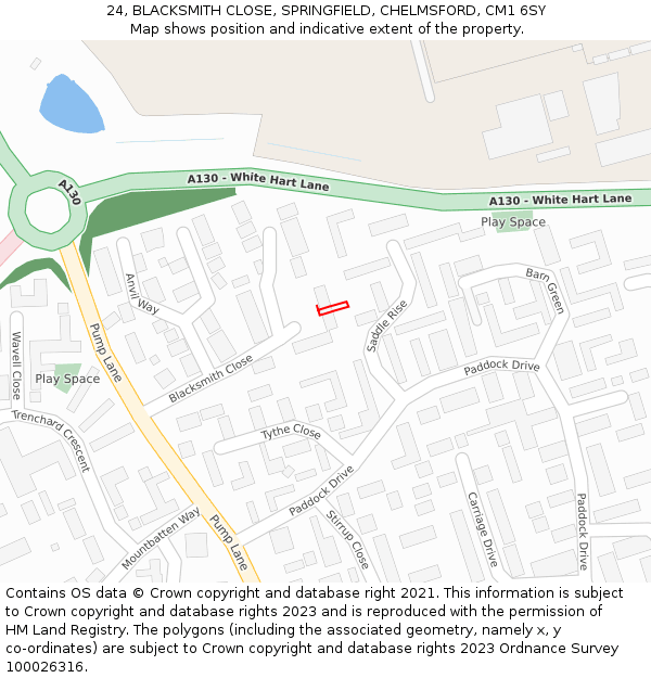 24, BLACKSMITH CLOSE, SPRINGFIELD, CHELMSFORD, CM1 6SY: Location map and indicative extent of plot