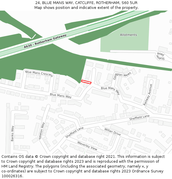24, BLUE MANS WAY, CATCLIFFE, ROTHERHAM, S60 5UR: Location map and indicative extent of plot