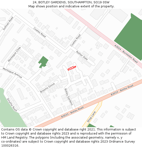 24, BOTLEY GARDENS, SOUTHAMPTON, SO19 0SW: Location map and indicative extent of plot