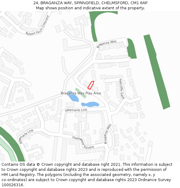 24, BRAGANZA WAY, SPRINGFIELD, CHELMSFORD, CM1 6AP: Location map and indicative extent of plot