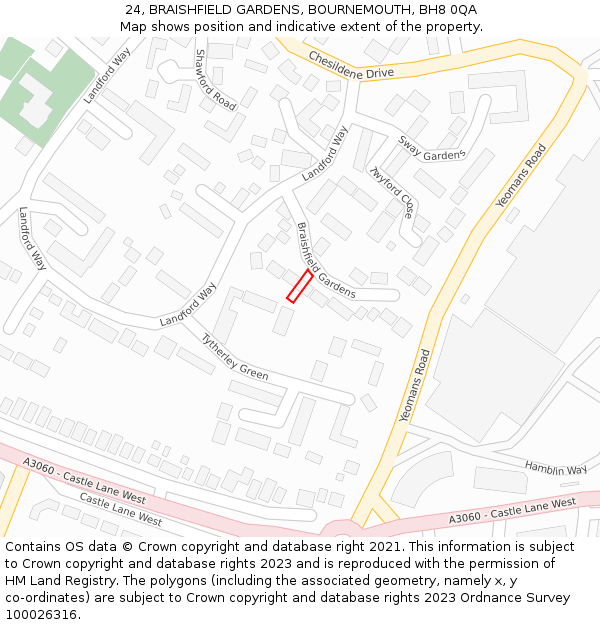 24, BRAISHFIELD GARDENS, BOURNEMOUTH, BH8 0QA: Location map and indicative extent of plot
