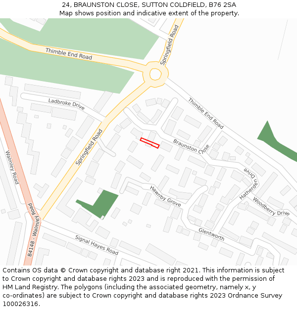 24, BRAUNSTON CLOSE, SUTTON COLDFIELD, B76 2SA: Location map and indicative extent of plot