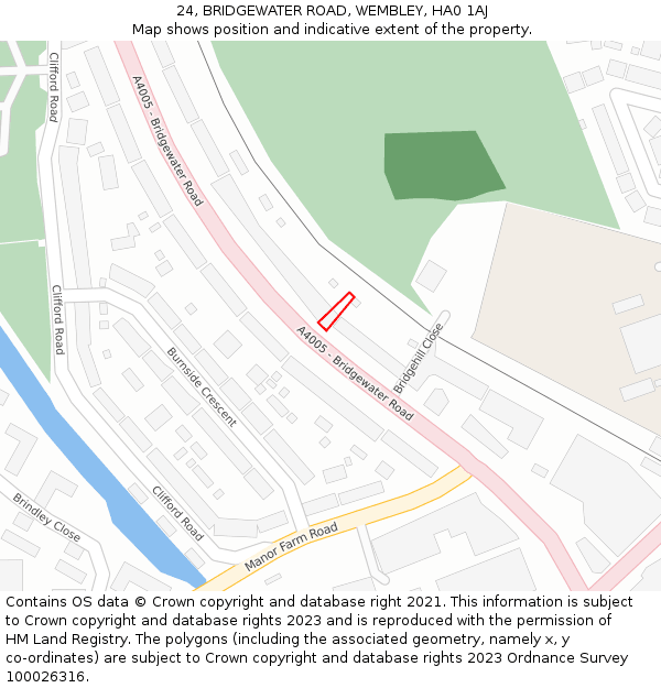 24, BRIDGEWATER ROAD, WEMBLEY, HA0 1AJ: Location map and indicative extent of plot