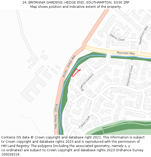 24, BRITANNIA GARDENS, HEDGE END, SOUTHAMPTON, SO30 2RP: Location map and indicative extent of plot