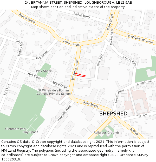 24, BRITANNIA STREET, SHEPSHED, LOUGHBOROUGH, LE12 9AE: Location map and indicative extent of plot