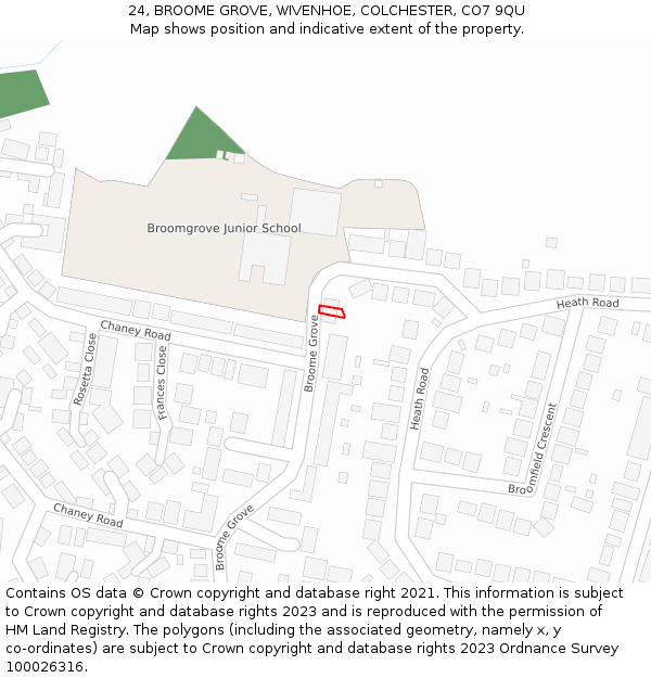24, BROOME GROVE, WIVENHOE, COLCHESTER, CO7 9QU: Location map and indicative extent of plot