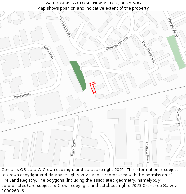 24, BROWNSEA CLOSE, NEW MILTON, BH25 5UG: Location map and indicative extent of plot