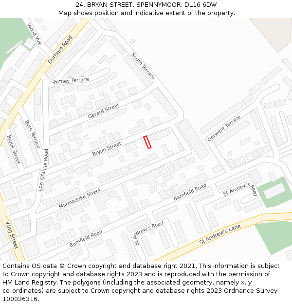 24, BRYAN STREET, SPENNYMOOR, DL16 6DW: Location map and indicative extent of plot
