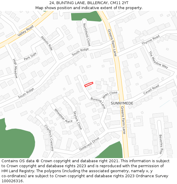 24, BUNTING LANE, BILLERICAY, CM11 2YT: Location map and indicative extent of plot