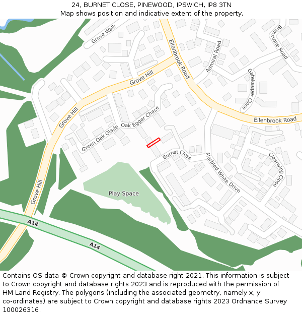 24, BURNET CLOSE, PINEWOOD, IPSWICH, IP8 3TN: Location map and indicative extent of plot