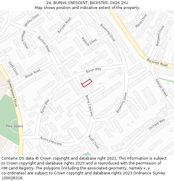 24, BURNS CRESCENT, BICESTER, OX26 2YU: Location map and indicative extent of plot