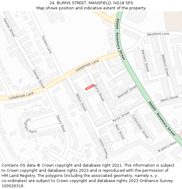 24, BURNS STREET, MANSFIELD, NG18 5PS: Location map and indicative extent of plot
