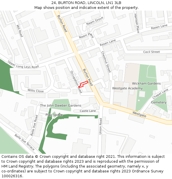 24, BURTON ROAD, LINCOLN, LN1 3LB: Location map and indicative extent of plot