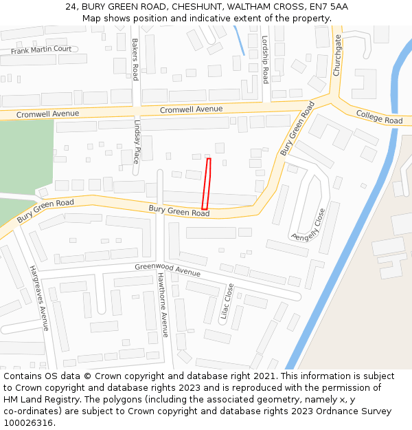 24, BURY GREEN ROAD, CHESHUNT, WALTHAM CROSS, EN7 5AA: Location map and indicative extent of plot
