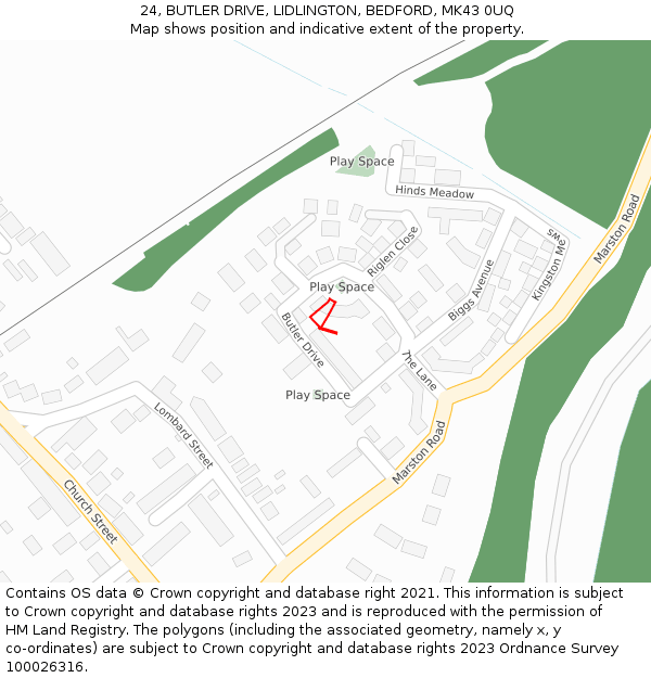 24, BUTLER DRIVE, LIDLINGTON, BEDFORD, MK43 0UQ: Location map and indicative extent of plot