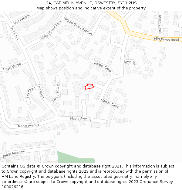 24, CAE MELIN AVENUE, OSWESTRY, SY11 2US: Location map and indicative extent of plot