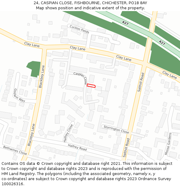 24, CASPIAN CLOSE, FISHBOURNE, CHICHESTER, PO18 8AY: Location map and indicative extent of plot