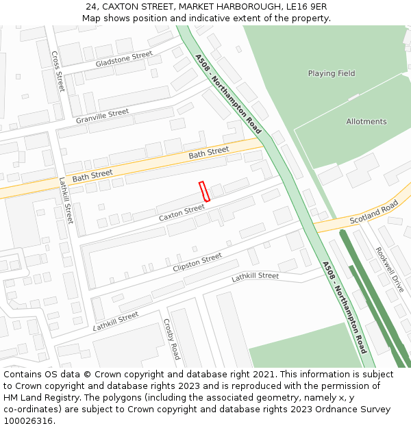 24, CAXTON STREET, MARKET HARBOROUGH, LE16 9ER: Location map and indicative extent of plot