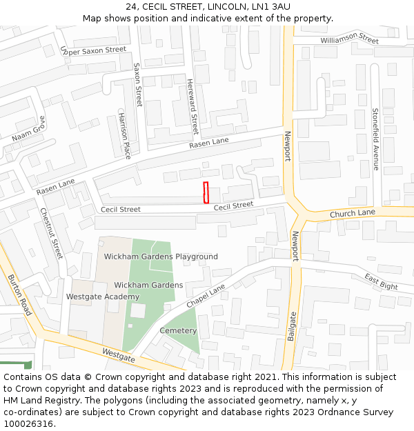 24, CECIL STREET, LINCOLN, LN1 3AU: Location map and indicative extent of plot
