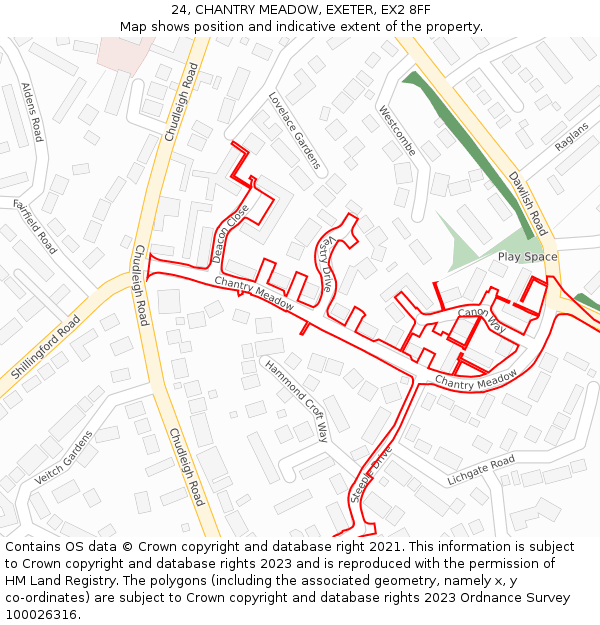 24, CHANTRY MEADOW, EXETER, EX2 8FF: Location map and indicative extent of plot