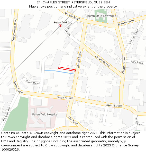 24, CHARLES STREET, PETERSFIELD, GU32 3EH: Location map and indicative extent of plot