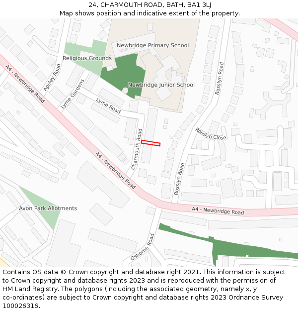 24, CHARMOUTH ROAD, BATH, BA1 3LJ: Location map and indicative extent of plot