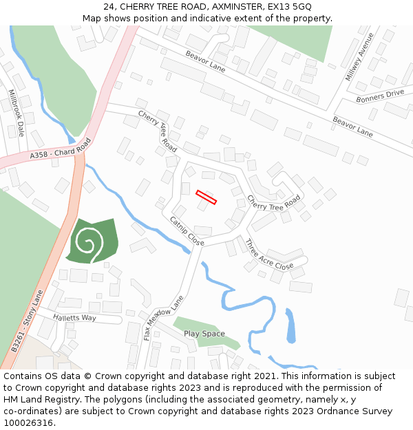 24, CHERRY TREE ROAD, AXMINSTER, EX13 5GQ: Location map and indicative extent of plot